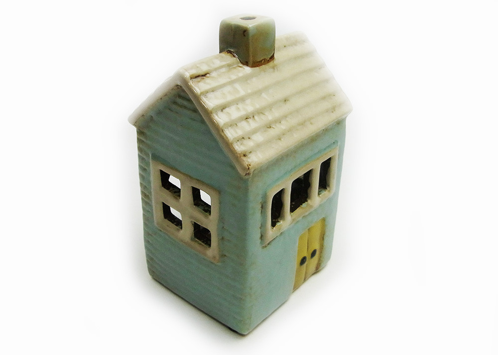 キャンドルハウス　陶器ろうそくホルダー 白い屋根と青い壁の煙突の小さい家　ts29216-1903
