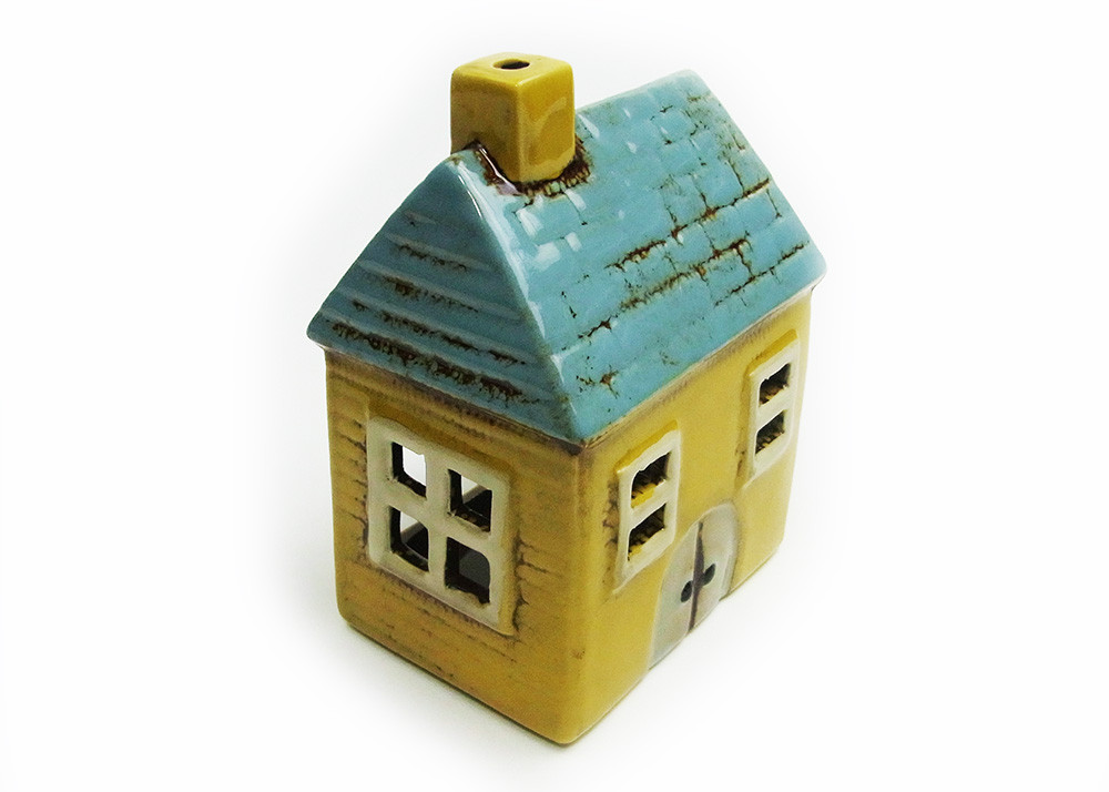 キャンドルハウス　陶器ろうそくホルダー 青い屋根と黄色い壁　ts29217-1903